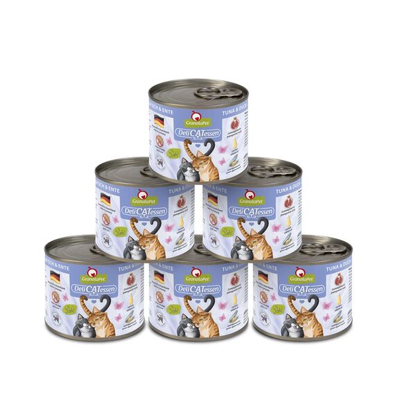 GranataPet DeliCatessen Thunfisch & Ente, Nassfutter für Katzen, Katzenfutter für Feinschmecker, Futter ohne Getreide & ohne Zuckerzusätze, 6 x 200 g