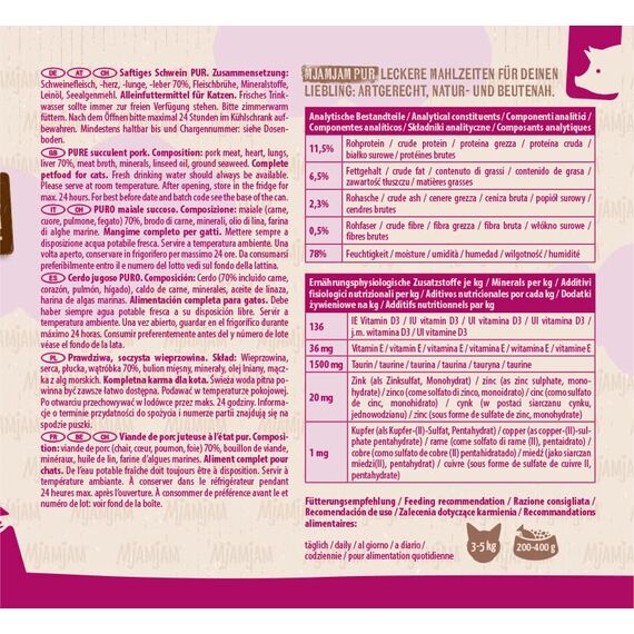 MjAMjAM - Premium Nassfutter für Katzen - Purer Fleischgenuss saftiges Schwein pur, 6er Pack (6 x 100 g), getreidefrei mit extra viel Fleisch
