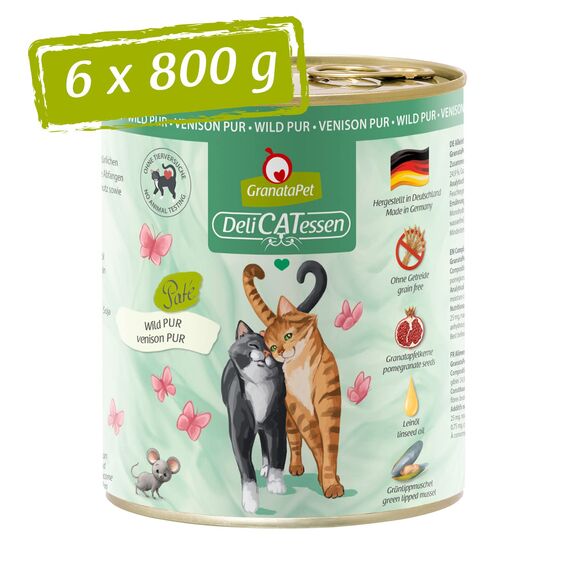 GranataPet DeliCatessen Wild PUR, Nassfutter für Katzen, Futter ohne Getreide & ohne Zuckerzusätze, Katzenfutter mit hohem Fleischanteil & hochwertigen Ölen, 6 x 800 g