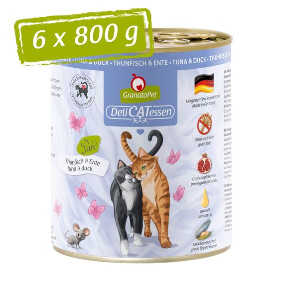 GranataPet DeliCatessen Thunfisch & Ente, Nassfutter für Katzen, Katzenfutter für Feinschmecker, Futter ohne Getreide & ohne Zuckerzusätze, 6 x 800 g