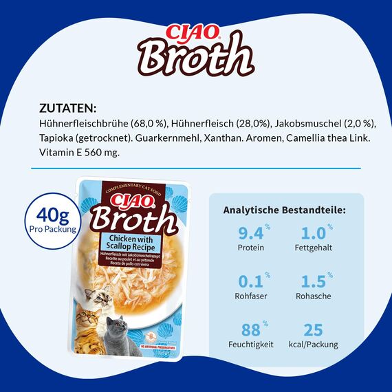 INABA Ciao Broth Nassfutter für Katzen Ohne Getreide und Zucker, mit 28% Hühnerfleisch, Kalorienarm, Keine Nebenerzeugnisse, Katzensuppe, Kleine Mahlzeit mit Hochwertigen Zutaten 40 g (1er Pack)