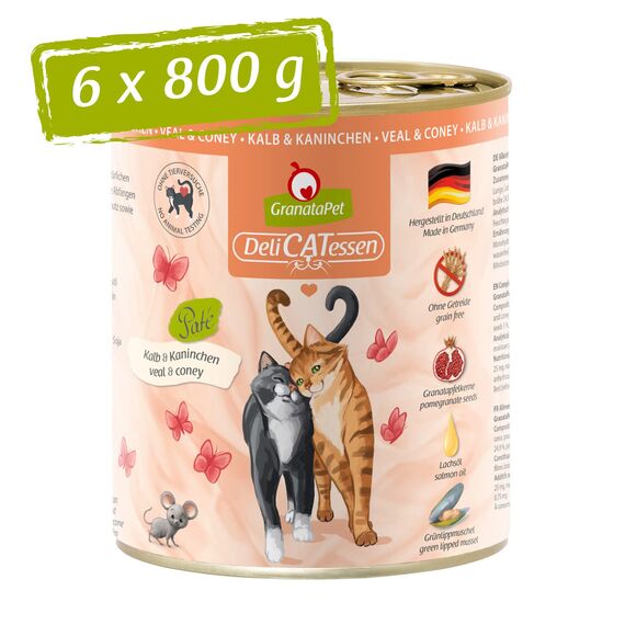 GranataPet Delicatessen Kalb & Kaninchen, 6 x 800 g, Nassfutter für Katzen, Katzenfutter für Feinschmecker, Futter ohne Getreide & ohne Zuckerzusätze