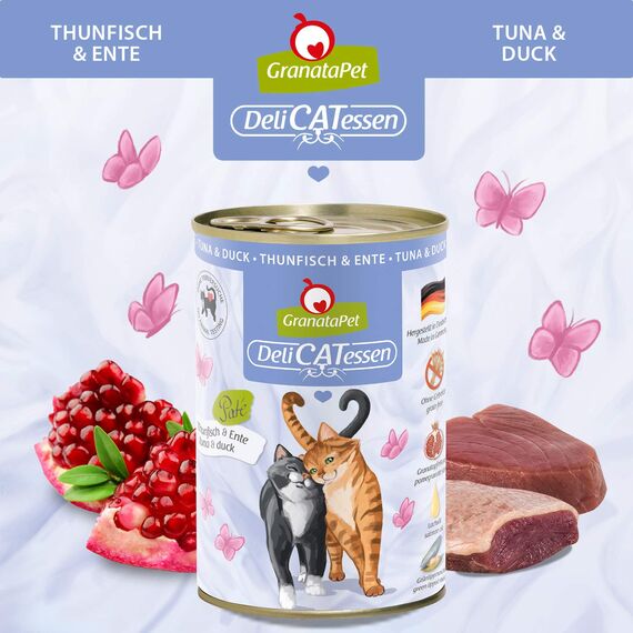 GranataPet DeliCatessen Thunfisch & Ente, Nassfutter für Katzen, Katzenfutter für Feinschmecker, Futter ohne Getreide & ohne Zuckerzusätze, 6 x 400 g
