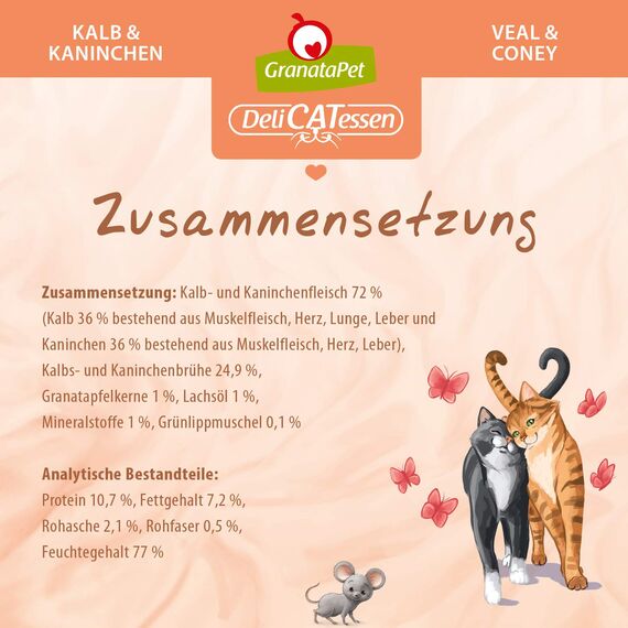 GranataPet DeliCatessen Kalb & Kaninchen, Nassfutter für Katzen, Katzenfutter für Feinschmecker, Futter ohne Getreide & ohne Zuckerzusätze, 6 x 85 g
