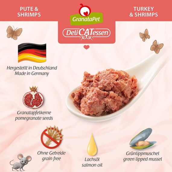 GranataPet DeliCatessen Pute & Shrimps, Nassfutter für Katzen, Katzenfutter für Feinschmecker, Futter ohne Getreide & ohne Zuckerzusätze, 6 x 400 g