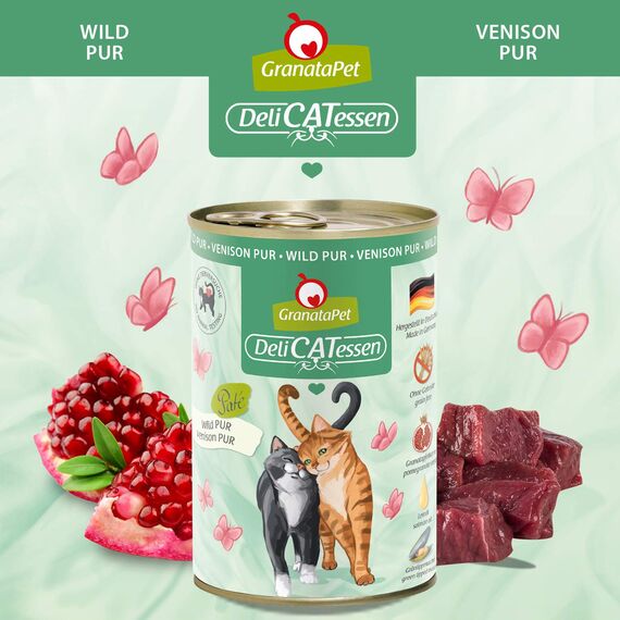 GranataPet DeliCatessen Wild PUR, Nassfutter für Katzen, Futter ohne Getreide & ohne Zuckerzusätze, Katzenfutter mit hohem Fleischanteil & hochwertigen Ölen, 6 x 400 g