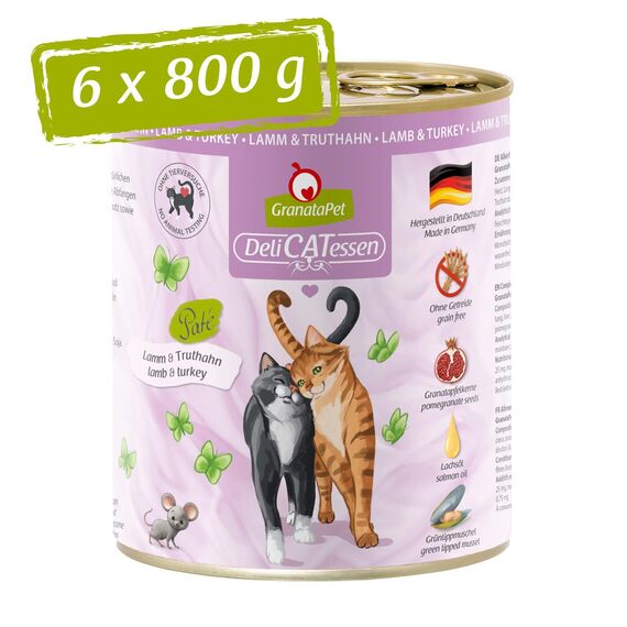 GranataPet Delicatessen Lamm & Truthahn, 6 x 800 g, Nassfutter für Katzen, Katzenfutter für Feinschmecker, Futter ohne Getreide & ohne Zuckerzusätze