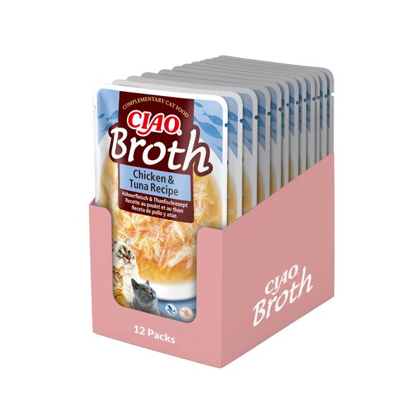 INABA Ciao Broth Nassfutter für Katzen Ohne Getreide und Zucker, mit 15% Hühnerfleisch und 15% Thunfisch, Keine Nebenerzeugnisse, Katzensuppe, Kleine Mahlzeit mit Hochwertigen Zutaten 40 g (12er Pack)