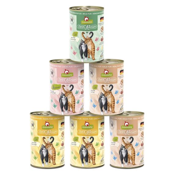 GranataPet DeliCatessen Multipack 2 PUR, Nassfutter für Katzen im Probierpaket, Alleinfuttermittel ohne Getreide, Katzenfutter mit hohem Fleischanteil & hochwertigen Ölen, 6 x 400 g