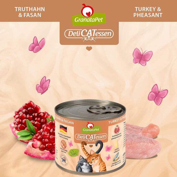 GranataPet DeliCatessen Truthahn & Fasan, Nassfutter für Katzen, Katzenfutter für Feinschmecker, Futter ohne Getreide & ohne Zuckerzusätze, 6 x 200 g
