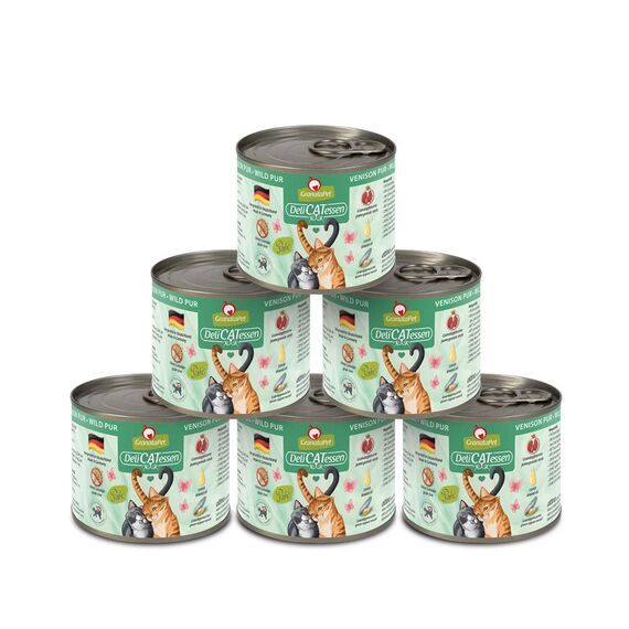 GranataPet DeliCatessen Wild PUR, Nassfutter für Katzen, Futter ohne Getreide & ohne Zuckerzusätze, Katzenfutter mit hohem Fleischanteil & hochwertigen Ölen, 6 x 200 g