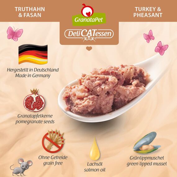 GranataPet DeliCatessen Truthahn & Fasan, Nassfutter für Katzen, Katzenfutter für Feinschmecker, Futter ohne Getreide & ohne Zuckerzusätze, 6 x 85 g