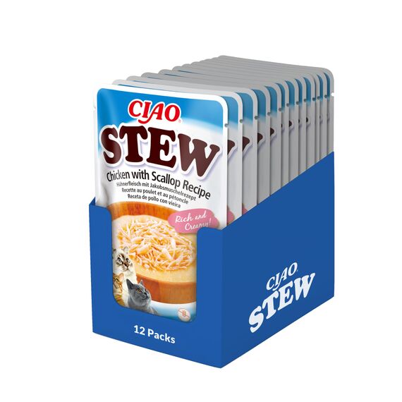 INABA Ciao Stew Katzenfutter Nass 86% Feuchtigkeit und Vitamin E, Premium Katzensuppe mit Huhn & Jakobsmuschel 40 g (12er Pack), 100% natürliches Fleisch, Getreidefrei, Zuckerfrei