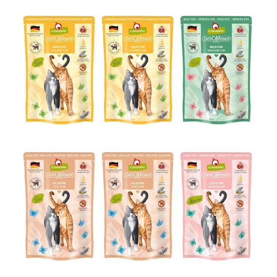 GranataPet DeliCatessen Multipack 2 PUR, Nassfutter für Katzen im Probierpaket, Alleinfuttermittel ohne Getreide, Katzenfutter mit hohem Fleischanteil & hochwertigen Ölen, 6 x 85 g