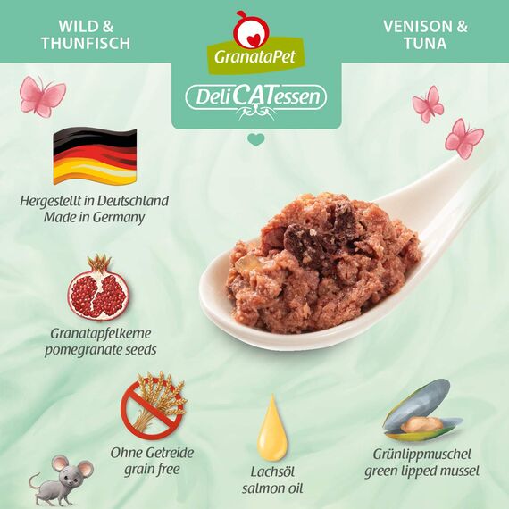 GranataPet DeliCatessen Wild & Thunfisch, Nassfutter für Katzen, Katzenfutter für Feinschmecker, Futter ohne Getreide & ohne Zuckerzusätze, 6 x 800 g