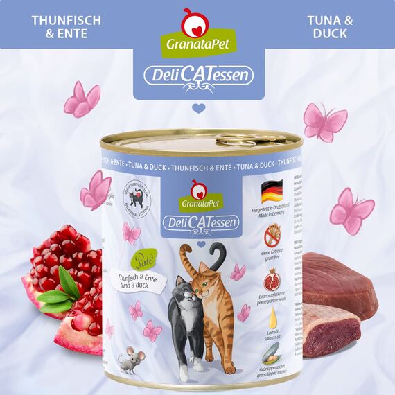 GranataPet DeliCatessen Thunfisch & Ente, Nassfutter für Katzen, Katzenfutter für Feinschmecker, Futter ohne Getreide & ohne Zuckerzusätze, 6 x 800 g