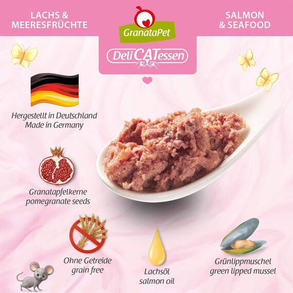 GranataPet DeliCatessen Lachs & Meeresfrüchte, Nassfutter für Katzen, Katzenfutter für Feinschmecker, Futter ohne Getreide & ohne Zuckerzusätze, 6 x 85 g