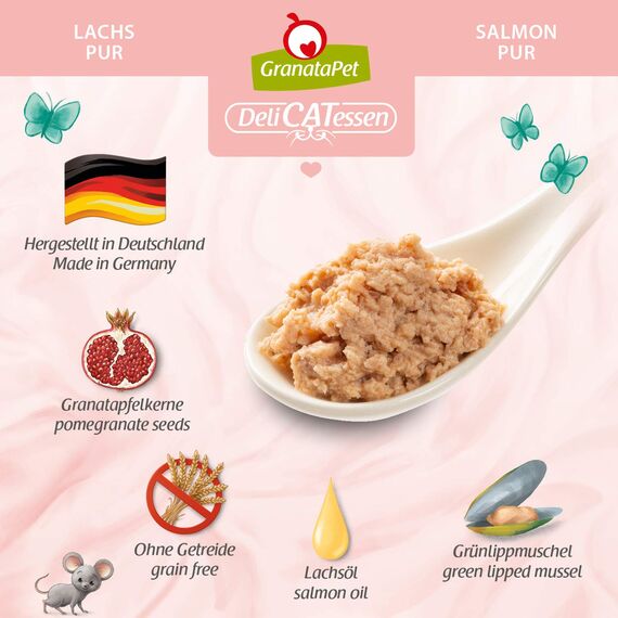 GranataPet DeliCatessen Lachs PUR, Nassfutter für Katzen, Futter ohne Getreide & ohne Zuckerzusätze, Katzenfutter mit hohem Fleischanteil & hochwertigen Ölen, 6 x 375 g