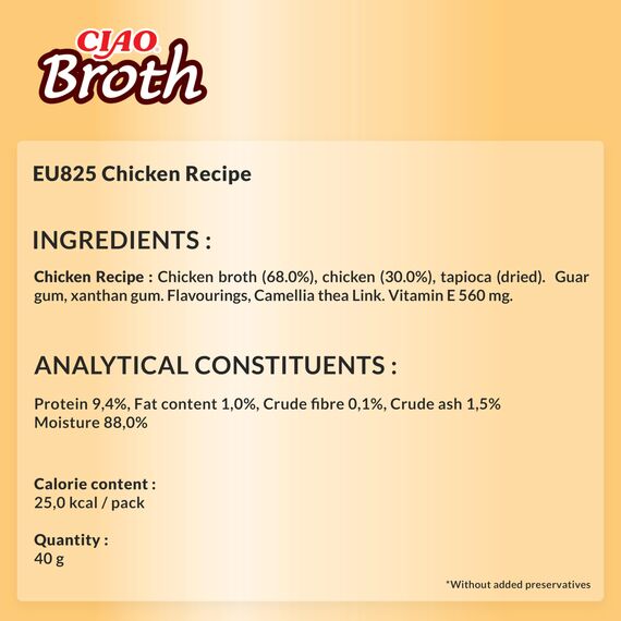 INABA Ciao Broth Katzenfutter Nass 88% Feuchtigkeit und Vitamin E, Premium Katzensuppe mit Huhn 40 g (2er Pack), 100% natürliches Fleisch, Getreidefrei, Zuckerfrei