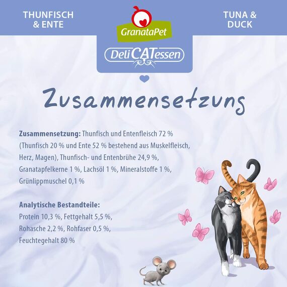 GranataPet DeliCatessen Thunfisch & Ente, Nassfutter für Katzen, Katzenfutter für Feinschmecker, Futter ohne Getreide & ohne Zuckerzusätze, 6 x 400 g
