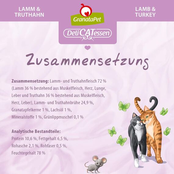 GranataPet DeliCatessen Lamm & Truthahn, Nassfutter für Katzen, Katzenfutter für Feinschmecker, Futter ohne Getreide & ohne Zuckerzusätze, 6 x 85 g