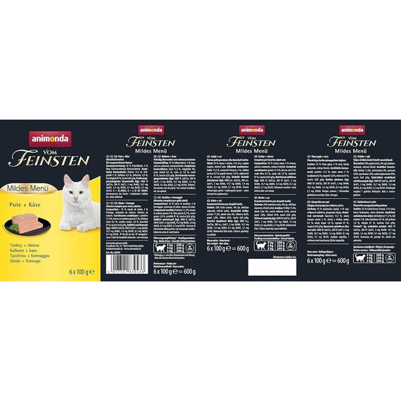 animonda Vom Feinsten Adult Mildes Menü Pute + Käse (6 x 100 g), Nassfutter für sensible Katzen, Katzenfutter ohne Getreide und Zucker, leicht verdauliches Futter mit Putenfleisch