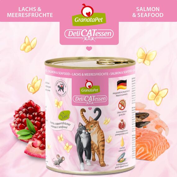 GranataPet DeliCatessen Lachs & Meeresfrüchte, Nassfutter für Katzen, Katzenfutter für Feinschmecker, Futter ohne Getreide & ohne Zuckerzusätze, 6 x 800 g