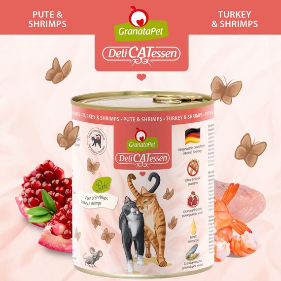 GranataPet DeliCatessen Pute & Shrimps, Nassfutter für Katzen, Katzenfutter für Feinschmecker, Futter ohne Getreide & ohne Zuckerzusätze, 6 x 800 g
