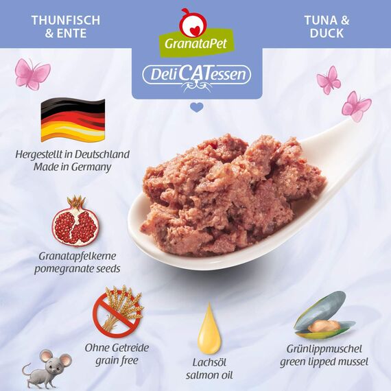 GranataPet DeliCatessen Thunfisch & Ente, Nassfutter für Katzen, Katzenfutter für Feinschmecker, Futter ohne Getreide & ohne Zuckerzusätze, 6 x 200 g
