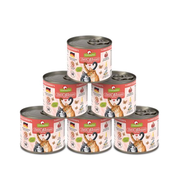 GranataPet DeliCatessen Pute & Shrimps, Nassfutter für Katzen, Katzenfutter für Feinschmecker, Futter ohne Getreide & ohne Zuckerzusätze, 6 x 200 g