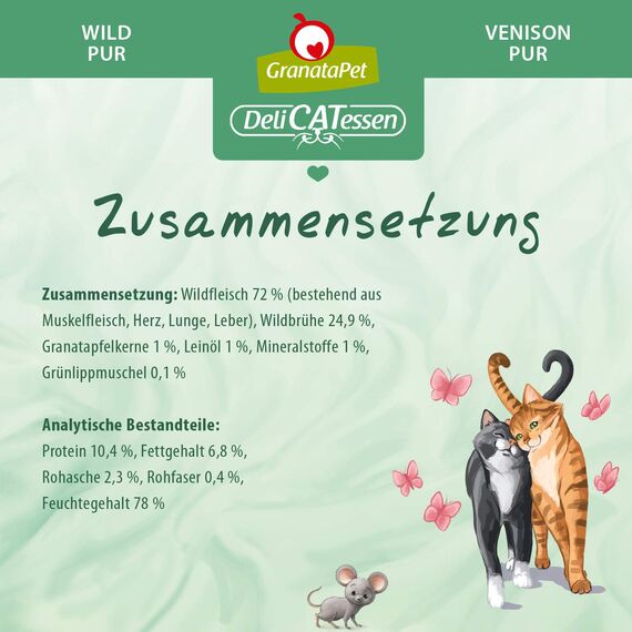 GranataPet DeliCatessen Wild PUR, Nassfutter für Katzen, Futter ohne Getreide & ohne Zuckerzusätze, Katzenfutter mit hohem Fleischanteil & hochwertigen Ölen, 6 x 400 g