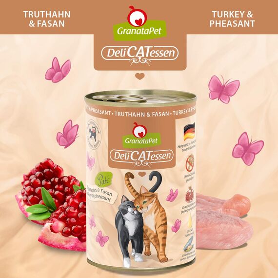 GranataPet DeliCatessen Truthahn & Fasan, Nassfutter für Katzen, Katzenfutter für Feinschmecker, Futter ohne Getreide & ohne Zuckerzusätze, 6 x 400 g