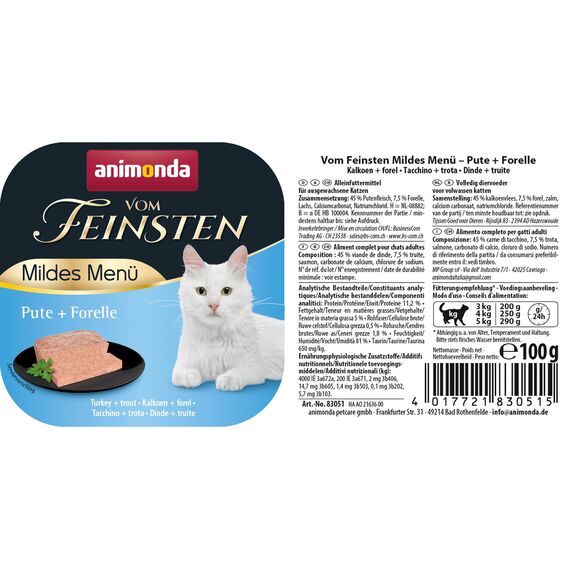 animonda vom Feinsten Mildes Menü Pute + Forelle (32 x 100g), getreidefreies Katzenfutter nass ohne Zucker, leicht verdauliches Katzenfutter mit Putenfleisch