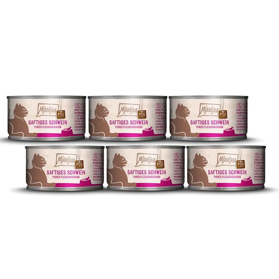MjAMjAM - Premium Nassfutter für Katzen - Purer Fleischgenuss saftiges Schwein pur, 6er Pack (6 x 100 g), getreidefrei mit extra viel Fleisch