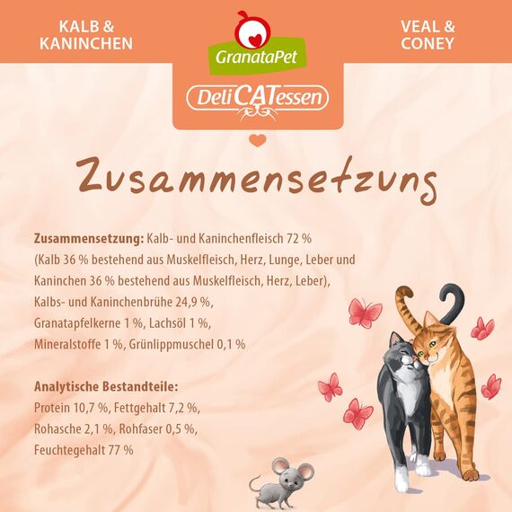GranataPet Delicatessen Kalb & Kaninchen, 6 x 800 g, Nassfutter für Katzen, Katzenfutter für Feinschmecker, Futter ohne Getreide & ohne Zuckerzusätze