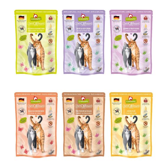GranataPet DeliCatessen Multipack 3 ohne Fisch, Nassfutter für Katzen im Probierpaket, Alleinfuttermittel ohne Getreide, Katzenfutter mit hohem Fleischanteil & hochwertigen Ölen, 6 x 85