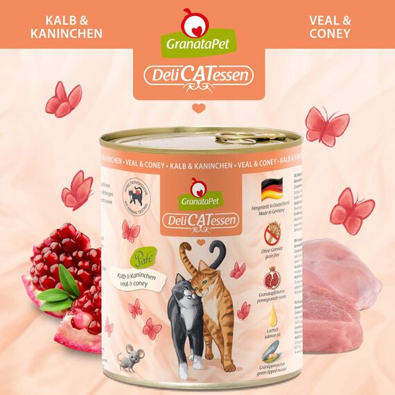 GranataPet Delicatessen Kalb & Kaninchen, 6 x 800 g, Nassfutter für Katzen, Katzenfutter für Feinschmecker, Futter ohne Getreide & ohne Zuckerzusätze