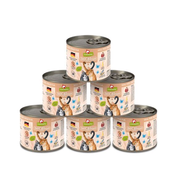 GranataPet DeliCatessen Kalb PUR, Nassfutter für Katzen, Futter ohne Getreide & ohne Zuckerzusätze, Katzenfutter mit hohem Fleischanteil & hochwertigen Ölen, 6 x 200 g