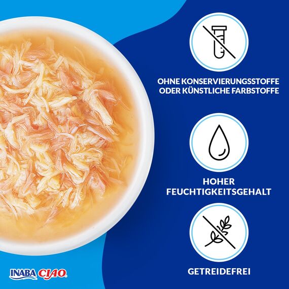 INABA Ciao Broth Nassfutter für Katzen Ohne Getreide und Zucker, mit 28% Hühnerfleisch, Kalorienarm, Keine Nebenerzeugnisse, Katzensuppe, Kleine Mahlzeit mit Hochwertigen Zutaten 40 g (1er Pack)