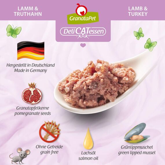 GranataPet DeliCatessen Lamm & Truthahn, Nassfutter für Katzen, Katzenfutter für Feinschmecker, Futter ohne Getreide & ohne Zuckerzusätze, 6 x 85 g