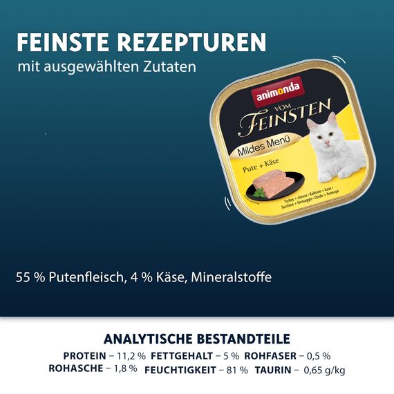 animonda Vom Feinsten Adult Mildes Menü Pute + Käse (32 x 100 g), Nassfutter für sensible Katzen, Katzenfutter ohne Getreide und Zucker, leicht verdauliches Futter mit Putenfleisch