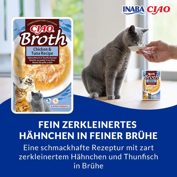INABA Ciao Broth Nassfutter für Katzen Ohne Getreide und Zucker, mit 15% Hühnerfleisch und 15% Thunfisch, Keine Nebenerzeugnisse, Katzensuppe, Kleine Mahlzeit mit Hochwertigen Zutaten 40 g (12er Pack)