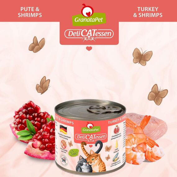 GranataPet DeliCatessen Pute & Shrimps, Nassfutter für Katzen, Katzenfutter für Feinschmecker, Futter ohne Getreide & ohne Zuckerzusätze, 6 x 200 g