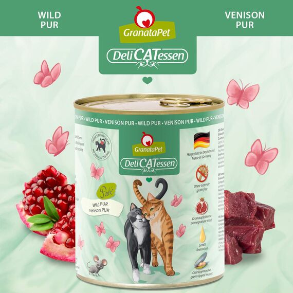 GranataPet DeliCatessen Wild PUR, Nassfutter für Katzen, Futter ohne Getreide & ohne Zuckerzusätze, Katzenfutter mit hohem Fleischanteil & hochwertigen Ölen, 6 x 800 g
