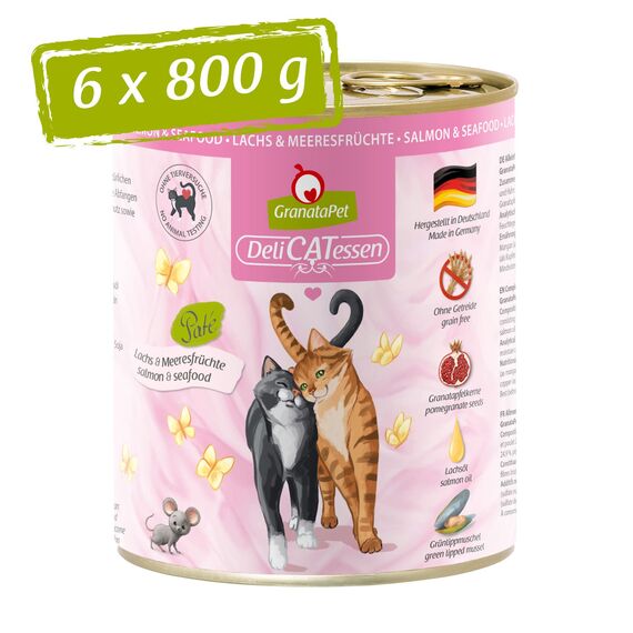 GranataPet DeliCatessen Lachs & Meeresfrüchte, Nassfutter für Katzen, Katzenfutter für Feinschmecker, Futter ohne Getreide & ohne Zuckerzusätze, 6 x 800 g