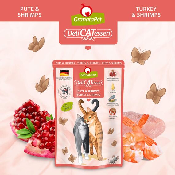 GranataPet DeliCatessen Pute & Shrimps, Nassfutter für Katzen, Katzenfutter für Feinschmecker, Futter ohne Getreide & ohne Zuckerzusätze, 6 x 85 g