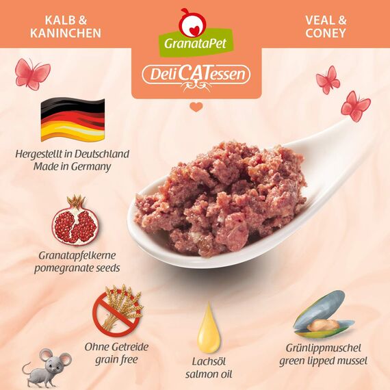 GranataPet DeliCatessen Kalb & Kaninchen, Nassfutter für Katzen, Katzenfutter für Feinschmecker, Futter ohne Getreide & ohne Zuckerzusätze, 6 x 85 g