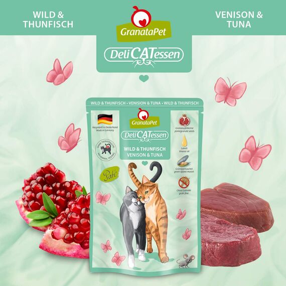 GranataPet DeliCatessen Wild & Thunfisch, Nassfutter für Katzen, Katzenfutter für Feinschmecker, Futter ohne Getreide & ohne Zuckerzusätze, 6 x 85 g