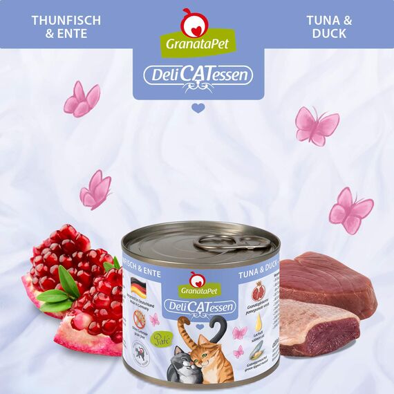 GranataPet DeliCatessen Thunfisch & Ente, Nassfutter für Katzen, Katzenfutter für Feinschmecker, Futter ohne Getreide & ohne Zuckerzusätze, 6 x 200 g