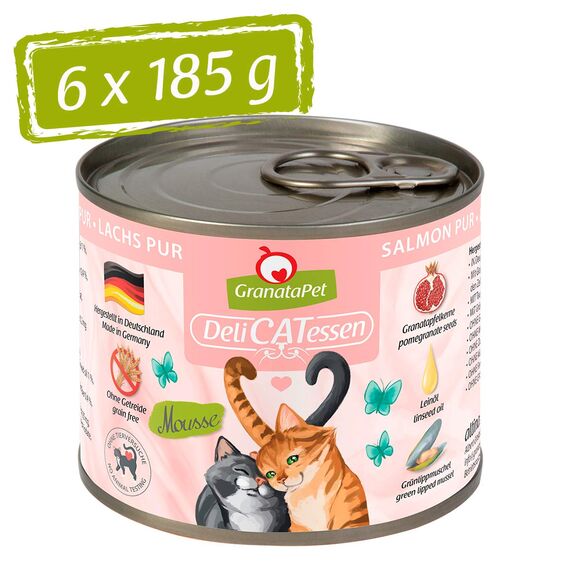 GranataPet DeliCatessen Lachs PUR, Nassfutter für Katzen, Futter ohne Getreide & ohne Zuckerzusätze, Katzenfutter mit hohem Fleischanteil & hochwertigen Ölen, 6 x 185 g